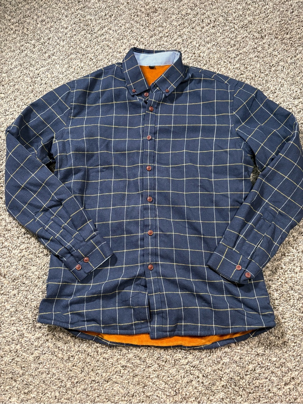 Men's Navy Windowpane Button-Down Shirt with Yellow Grid